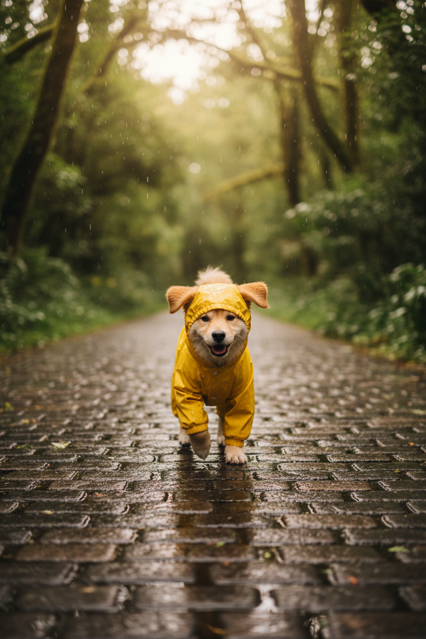 Happy dog wearing a yellow waterproof raincoat jumpsuit walking in the rain